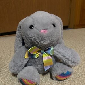Goffa Plush Gray Bunny with Rainbow Bow Easter rabbit 13”